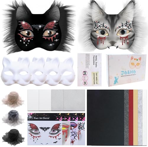 J6&H6 22 Pcs DIY Therian Mask Kit with Exclusive Funny Stickers, Blank Cat Mask,Felt Fabric Sheet, Faux Fur and Eye Mesh Suitable for Christmas Role-Playing Parties