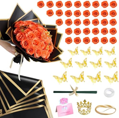 CCYXSHOW DIY Glitter Roses Bouquet - 36 Pack Fall Everlasting Flowers Fake Shiny Bouquet Artificial Orange Rose Bouquet Kit, Anniversary, Engagement, Wedding, Birthday Party Gifts