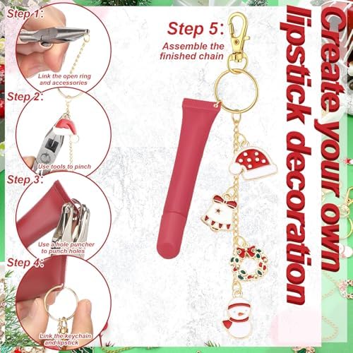 VioraWhite 213 Pcs Christmas Theme Lip Gloss Keychain Making Kit 100 Pink Enamel Charms 32.81 ft Gold Chains for DIY Crafts Women
