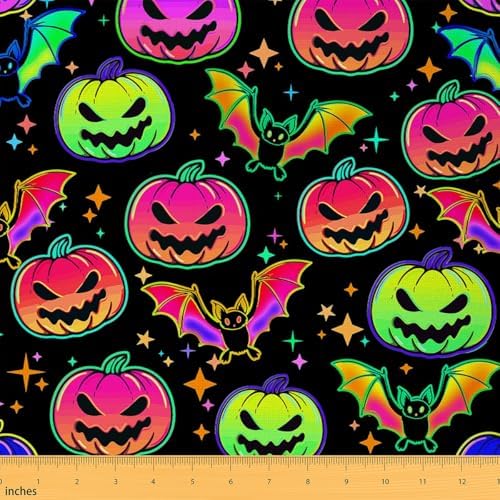 Feelyou Pumpkin Lantern Fabric By The Yard, Bat Animal Upholstery, Halloween Theme Fabric, Fluorescent Theme Reupholstery for Chairs, 3 Yards, Colorful