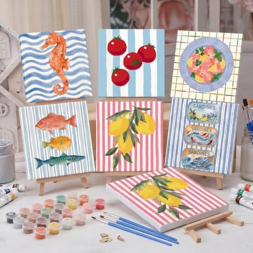 YooNotee 6 Pack Paint by Numbers Kit, 8x8 DIY Canvas with Easel Fish