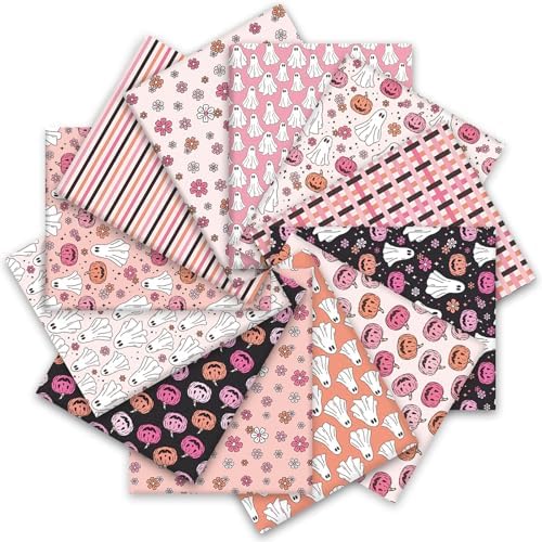 JarThenaAMCS 12Pcs Halloween Cotton Fabric Bundles Pumpkin Ghost Flower Fabric Squares 10 x 10 Inch Small Pink Black Sewing Fabrics for Halloween DIY Craft Party Decor