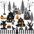 YLOLUL 30 Pcs Halloween Village Ornaments Accessories Figurines Town Miniatures Include Trees Pumpkins Black Dog Crows Skeletons Houses Wizard Bat for Halloween Village & Party Table Decorations