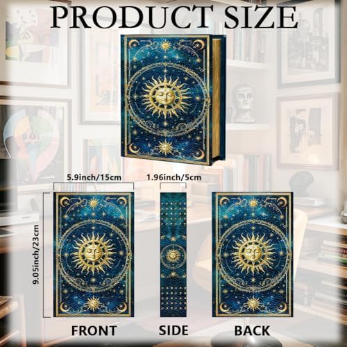 Vintage Book Trinket Box 9.1 x 5.9 x 2 Inch Faux Book Boxes Tarot Sun Relievo Pattern Decorative Storage Organizers for Jewelry Trinket Wedding Keepsake Photos Home Bookshelf Decoration