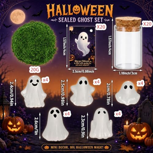 20PCS Halloween Ghost Wish Bottles Kit, Glow in The Dark Mini Ghost Jar Decorations with Decorative Moss, Cards, Tweezers & Twist Ties, Cute Spooky Party Favors and Halloween Gifts