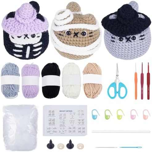 ORIGACH 3 Set Halloween Mummy & Cat Crochet Kit for Beginners, DIY Halloween Amigurumi Set with Video Tutorial, Yarn, Tools, Complete Crochet Starter Pack, DIY Spooky Gift