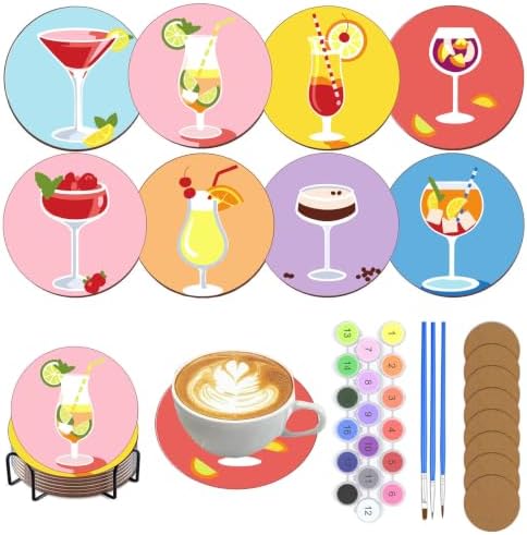 8 Pack Drinks Paint by Numbers Kits Coasters with Holder Cork Pads