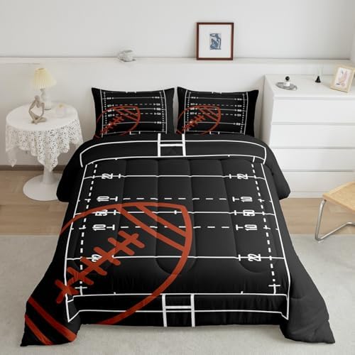 American Football Field Comforter Set Full Size,Boys Ball Sports Games Themed Polyester Bedding Comforters for Girls Teens Gift,Brown Rugby Gloves Sporting Equipment Quilt Set with 2 Pillowcases