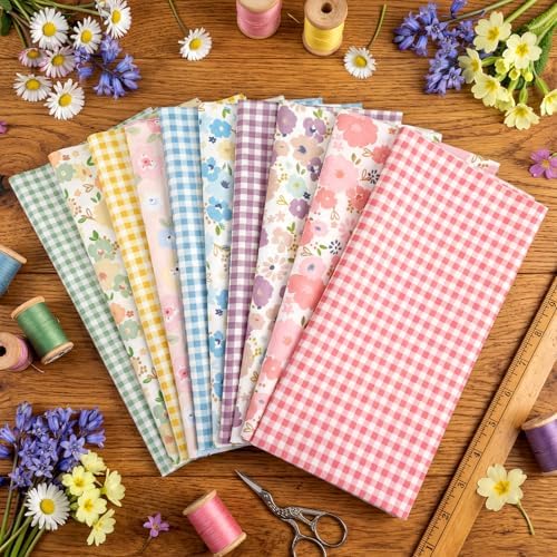Hahafelt 10 Pcs Floral Gingham Quilting Fabric Bundles 20 x 20 Inch