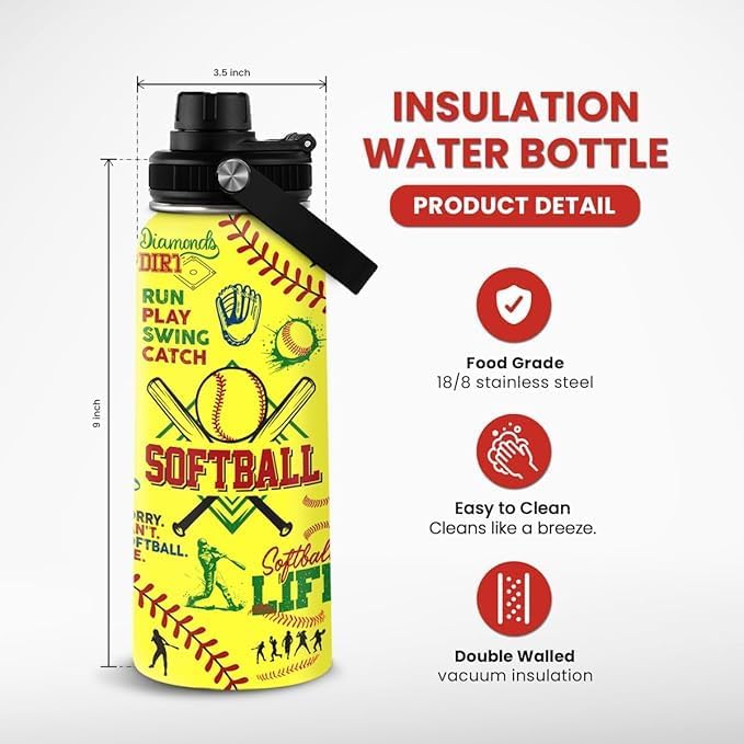 Softball Gift Water Bottle With Lid, 32oz Insulated Stainless Steel Sport Bottles - Softball Players Fan Coach