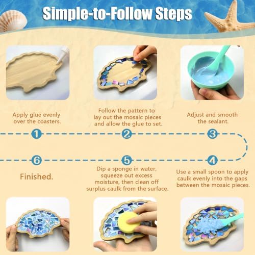 luperasol 6 Sets DIY Ocean Mosaic Tiles for Crafts Mixed Color Glass Mosaic Kits Wooden Coaster for Drinks Tray Handmade Home Decoration and Gift Idea