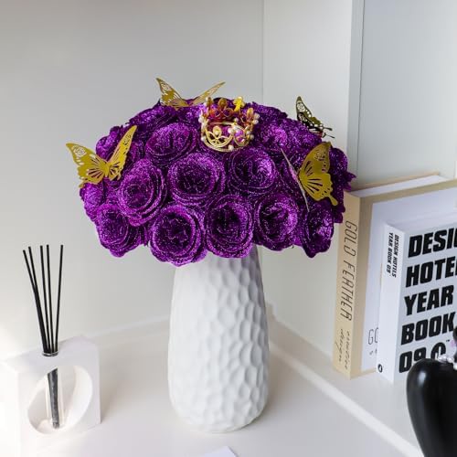 CCYXSHOW Purple Glitter Roses Bouquet, Fake Flowers Bouquet 16 Pcs DIY Glitter Rose Bouquet Kits Birthday Gifts for Women Mom Mother's Day Anniversary Graduation