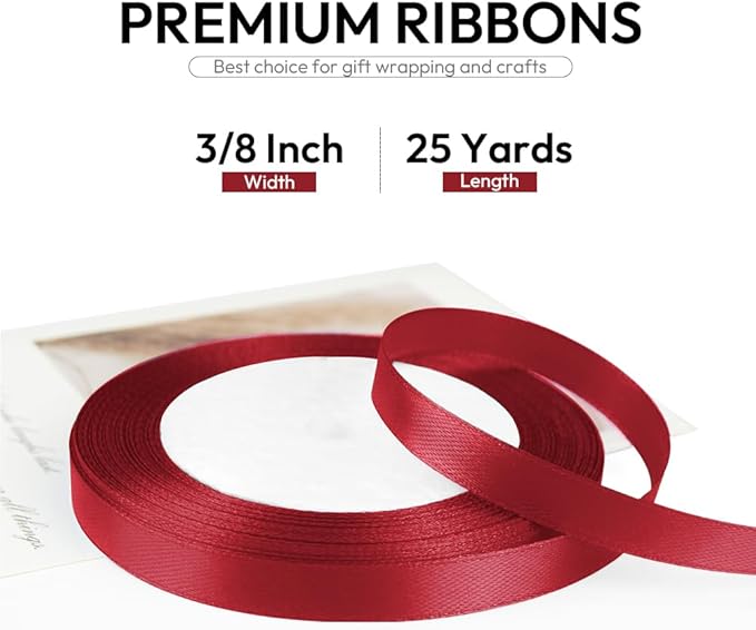 3/8 Inch 25 Yards Satin Ribbon Wine Red, Solid Color Fabric Ribbon - Image 2