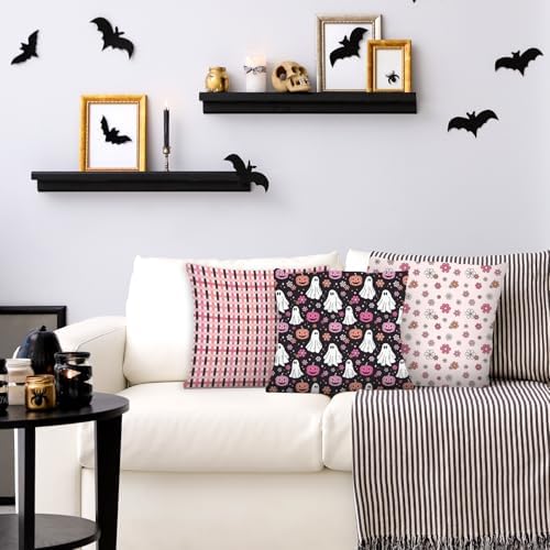 JarThenaAMCS 12 Pcs Ghost Floral Cotton Fabric Bundles 18 x 22 Inch Pumpkin Flower Fat Quarters Pink Black Holiday Sewing Fabrics for Halloween DIY Craft Party Decor