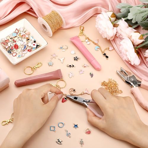 VioraWhite 213 Pcs Keychain Making Kit Bag Charm Kit Stylish Lip Gloss Keychain Making 100 Pink Enamel Charms 32.81 ft Gold Chains for DIY Crafts Women