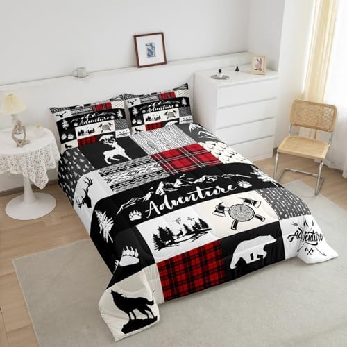 Castle Fairy Bear Deer Kids Full Size Comforter Set,Hunt Arrow Adventure Wildlife Patchwork Bedding Comforters Bedroom Collection,Red Check Boho Aztec Cabin Decor Bedding Set for Girls Teens