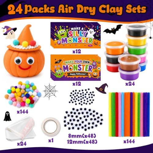 24 Packs Halloween Goodie Bag Stuffers DIY Monster Air Dry Clay Crafts Kits