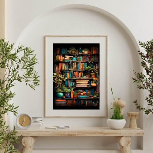Bookshelf Paint by Numbers for Adults with Framed Canvas-with Wooden Easel,Paint by Numbers Kits Framed Canvas,DIY Acrylic Oil Painting Kits with Brushes Nice Gift Box for Home Wall Decor(12x16 Inch)