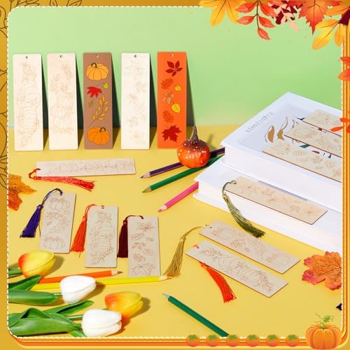 200 Pcs Fall Wood Bookmarks to Color Bulk, Color Your Own with Tassels