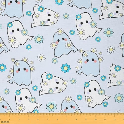 Jejeloiu Happy Halloween Fabric by The Yard Kawaii Ghost Printed Upholstery Fabric for Sewing Crafting Blue Ghost Floral Waterproof Indoor Outdoor Decor for Home DIY Projects 10 Yards
