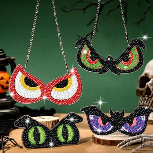 Chiisong 6 Pcs Halloween Diamond Art Hanging Signs Flashing Eyes Glow Eyes