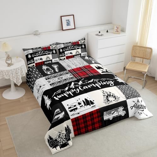Castle Fairy Camping Adventure Comforter Set Twin Size,RV Camper Accessories for Travel Trailers Bedding Set for Kids Boys Men,Rustic Red Plaid Boho Aztec Exotic Quilted Duvet Set with 1 Pillowcase