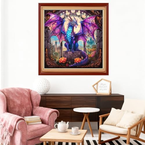 Joyhoor Stamped Cross Stitch Kits for Beginners Needlepoint Kits for Adults Embroidery Kits 11CT Counted Cross Stitch Kits Printed Embroidery Pattern-Colorful Wing Dragon 18x18 inch