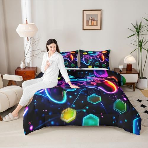 Castle Fairy Boys Gaming Reversible Comforter Set Full Size,Video Games Gamepad Print Bedding Set Gamer Room Decor,Space Galaxy Glow Neon Hexagon Duvet Set with 2 Pillowcases,Polyester (Purple Blue)