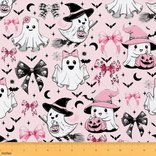 Bow Ghost Halloween Decor Upholstery Fabric for Chairs | Halloween Bats Fabric by The Yard 181"x63", Gothic Moon Pumpkin Lantern Goth Witch Hat Skeleton Spider Web Outdoor Fabric,Pink