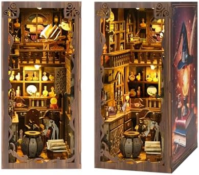 Magic Academy Book Nook Kit with LED Lights - 3D Wooden DIY Miniature Library for Bookshelf Decor, Gift for Harry Potter Fans