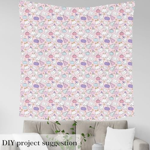 Halloween Ghost Fabric by The Yard,Cartoon Ghosts Pumpkins Soft Polyester No Stretch Fabric,Floral Kawaii Decorative Fabrics,Pink White Purple Crafts & Sewing Supplies,5 Yards,180" L x 59" W