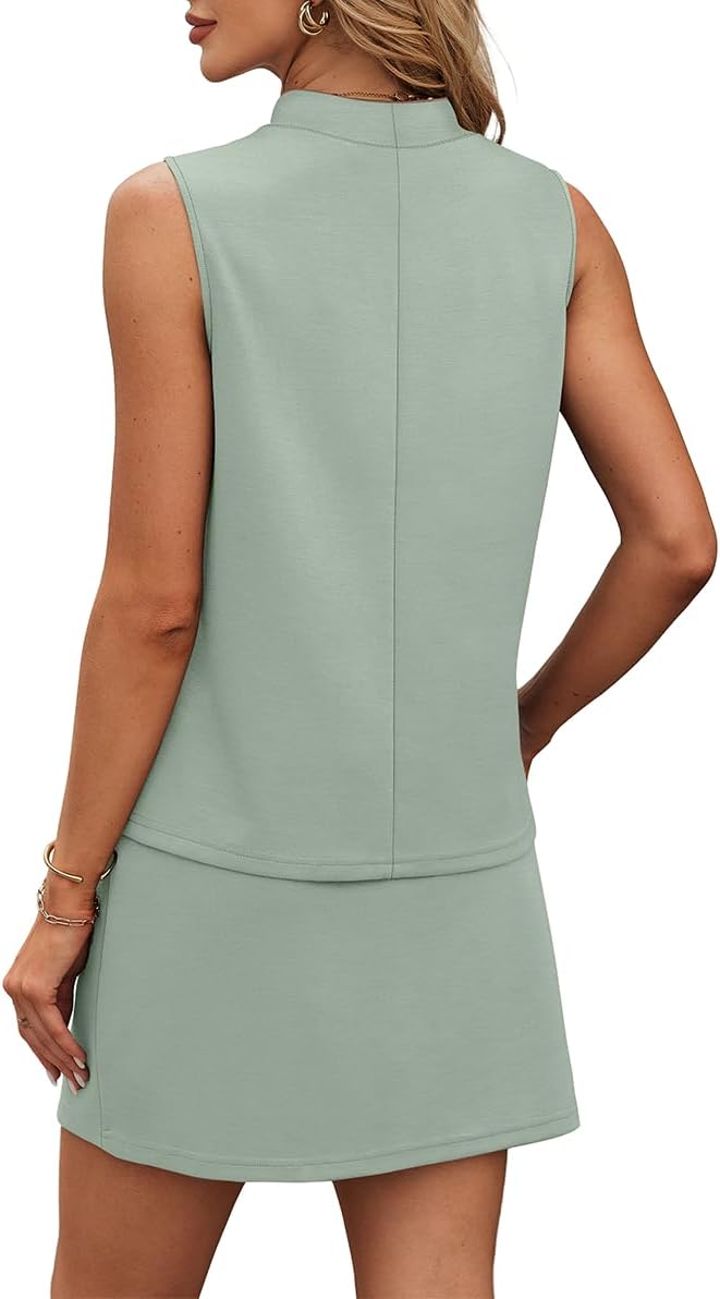 XIEERDUO Two Piece Skirt Sets for Women Summer Beach Vacation Resort Cruise Outfits Mock Neck Tops Tennis Skirt Sets