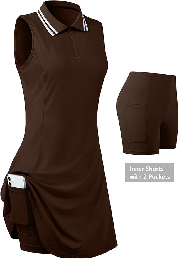 Womens Sleeveless Golf Tennis Dresses with Inner Shorts＆Pockets for Workout Exercise