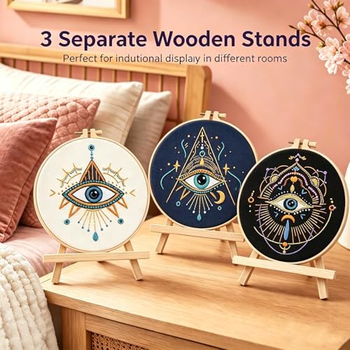 Qupace 3 Pcs Black Evil Eye Embroidery Kits for Beginners Adults,Stamped Cross Stitch Craft Set with 3 Embroidery Hoops & Finished Stands, Halloween Embroidery Wall Decoration