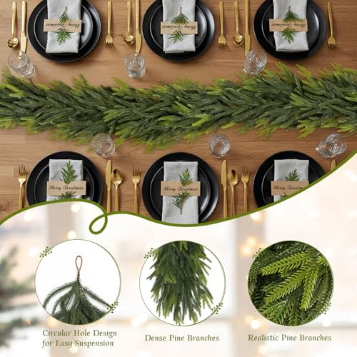 N&T NIETING 9FT Christmas Norfolk Pine Garland Real Touch Artificial Greenery Garlands Faux Winter Garland for Mantle Fireplace Table Stair Front Door Indoor Outdoor Holiday Xmas Decorations (1 Pcs)