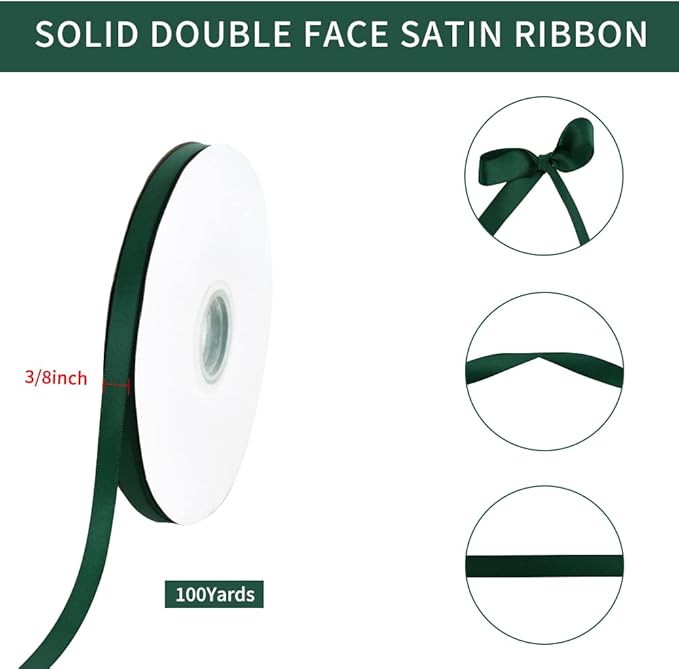 TONIFUL 3/8 Inch x 100yds Christmas Green Satin Ribbon Thin Solid Fabric - Image 2