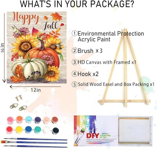 Fall Paint by Numbers for Adults with Framed Canvas-with Wooden Easel,Pumpkin Paint by Number on Canvas ,DIY Acrylic Oil Painting Kits with Brushes Nice Gift Box for Home Wall Decor(12x16 Inch)