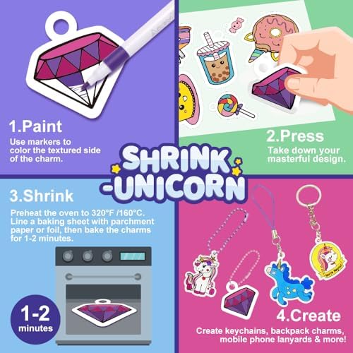Yrinfay 89PC DIY Unicorn Shrinking Plastic Art Kit - 46 Pre-Cut Shapes, 12 Markers & Accessories - Make Charms, Keychains & Tags - No-Mess Craft for Kids - Birthday Gift with Shrinking Plastic Sheets