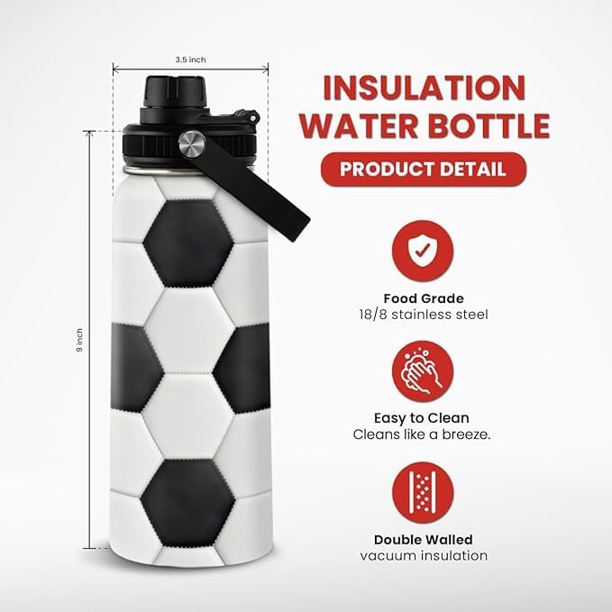 Soccer Water Bottle with Lid - 32oz Insulated Stainless Steel Sport Bottles - Men Soccer Player Fan Coach
