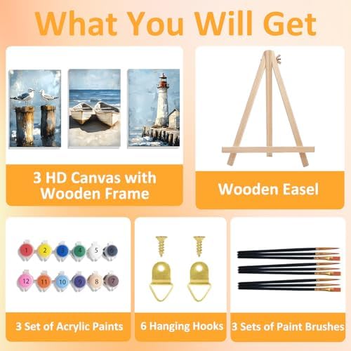 Mandun Beach Paint by Numbers Kit for Adults, 3 Pack, 7.8x11.8 inch