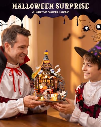 Rolife Halloween Haunted Candy House DIY Miniature House Kits with 9 LED Lights, Beginner-Friendly Tiny House Model Building Kits, Spooky Halloween Tabletop Decor, DIY Creative Hobby Gifts for Teens