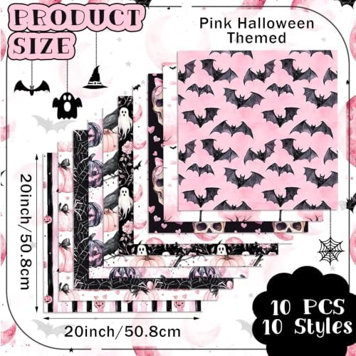 Hahafelt 10 Pcs Pink Halloween Quilting Fabric Bundles 20 x 20 Inch