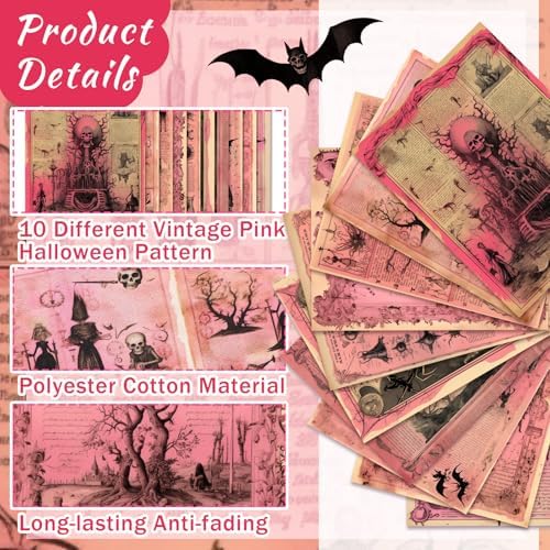 Hahafelt 10 Pcs 18"x22" Pink Halloween Fat Quarters Gothic Fabric Bundles