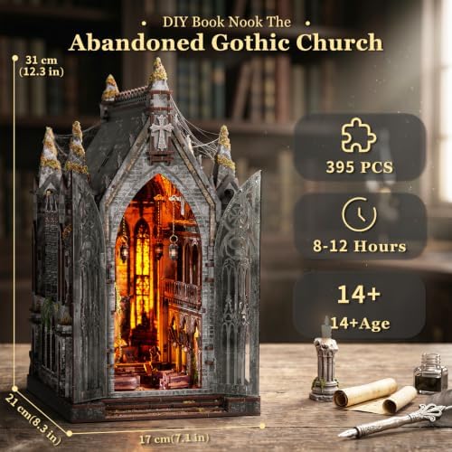 fifijoy Book Nook Kit - Abandoned Gothic Church DIY Miniature Dollhouse for Adults and Teens, Booknook Tiny House Bookshelf Decor 3D Wooden Puzzle with LED Lights, Creative Gifts for Family, Friends
