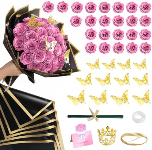 CCYXSHOW Artificial Glitter Roses Bouquet Pink - 24 Pack Fake Rose Bouquet Shiny DIY Flowers Bouquets with Stems Eternal Floral for Graduation Elegance Wedding Bouquet Anniversary Birthday Gifts