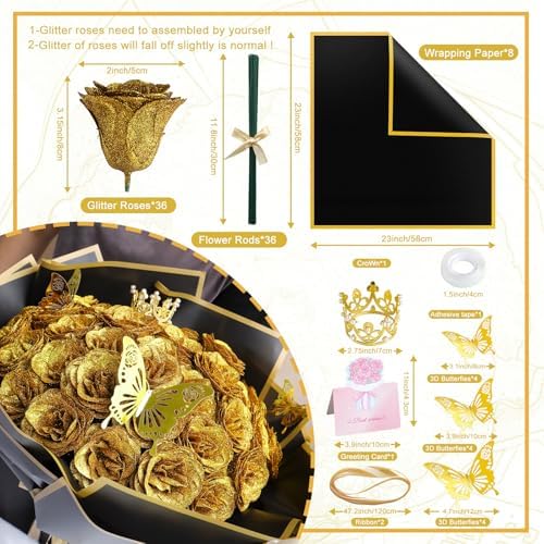 CCYXSHOW DIY Artificial Roses Bouquet 36 Pack - Gold Fake Shiny Roses Flowers with Stems Eternal Floral Gifts for Elegance Wedding Bouquet Anniversary Birthday Graduations Valentine's Day