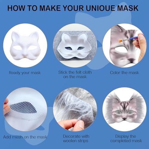 J6&H6 31 Pcs DIY Therian Mask Kit with Exclusive Ghost Stickers, Blank Cat Mask,Fabric Sheet, Faux Fur and Eye Mesh Suitable for Christmas Ghost Role-Playing Parties(Blue)