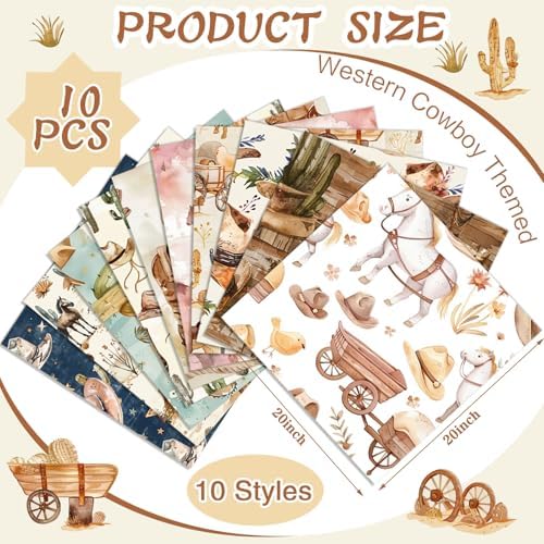 Hahafelt 10 Pcs Western Cowboy Quilting Fabric Bundles 20 x 20 Inch