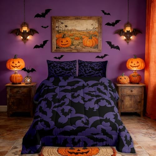 Castle Fairy Halloween Themed Comforter Set Full Size,Black Bats Animal Print Bedding Comforters Room Decor,Dark Purple Color Quilt Set with 2 Pillowcases,Teens Present