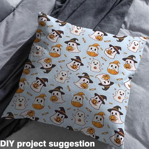 Feelyou Happy Halloween Soft Flannel Fabric by The Yard Kids 3 Yards Light Blue Cute Ghost Upholstery Fabric Pumpkin Candy Spooky Trick or Treat for Home DIY Projects, Indoor Decor